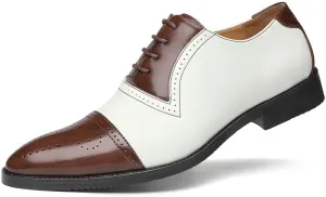 HuitJours Men Oxford Dress Shoes Multicolor Brogues Wing Tips Lace Up Patchwork Two Tone Color Matching Punched Round Toe