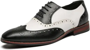 HuitJours Men Oxford Dress Shoes Multicolor Brogues Wing Tips Lace Up Patchwork Two Tone Color Matching Punched Round Toe