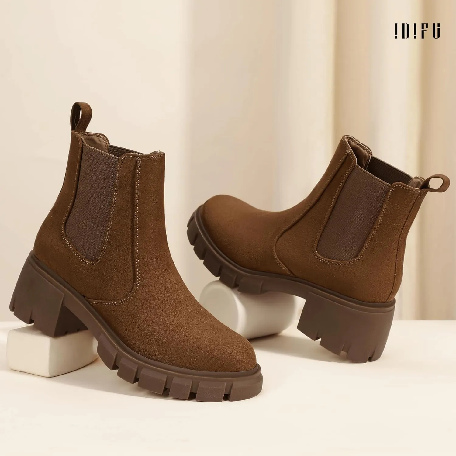 IDIFU IN2 Chelsea Boots Women Platform Lug Sole Ankle Boots Low Chunky Block Heel Dress Boots for Women Dressy Fashion Casual Elastic Short Booties Comfortable Cute Slip on Fall Boots
