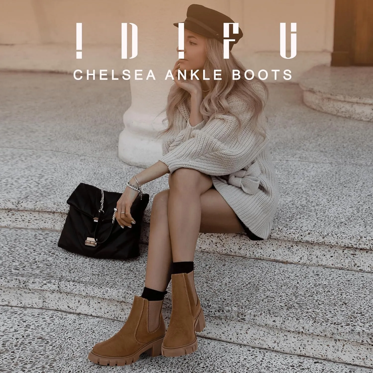 IDIFU IN2 Chelsea Boots Women Platform Lug Sole Ankle Boots Low Chunky Block Heel Dress Boots for Women Dressy Fashion Casual Elastic Short Booties Comfortable Cute Slip on Fall Boots