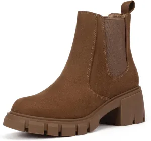 IDIFU IN2 Chelsea Boots Women Platform Lug Sole Ankle Boots Low Chunky Block Heel Dress Boots for Women Dressy Fashion Casual Elastic Short Booties Comfortable Cute Slip on Fall Boots