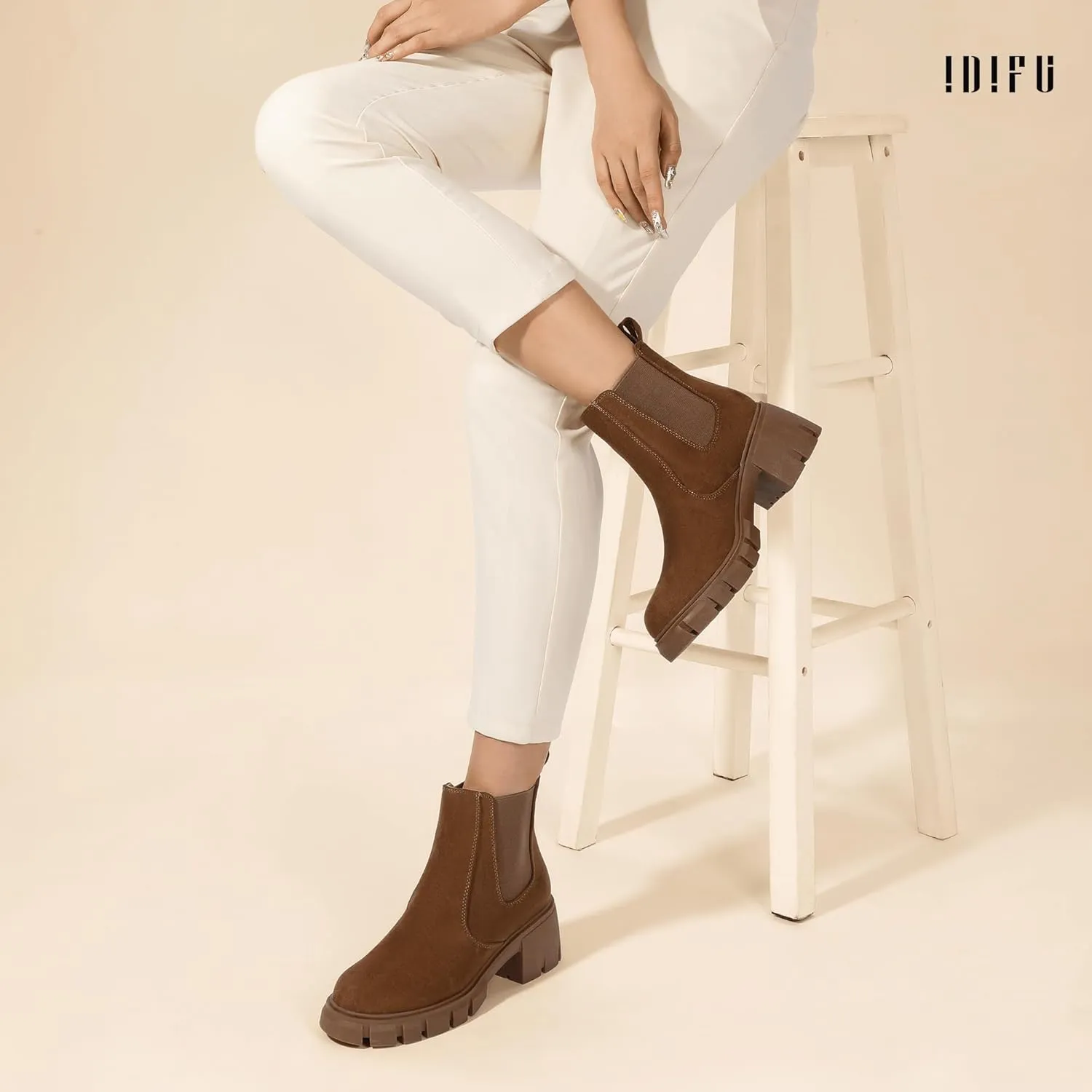 IDIFU IN2 Chelsea Boots Women Platform Lug Sole Ankle Boots Low Chunky Block Heel Dress Boots for Women Dressy Fashion Casual Elastic Short Booties Comfortable Cute Slip on Fall Boots