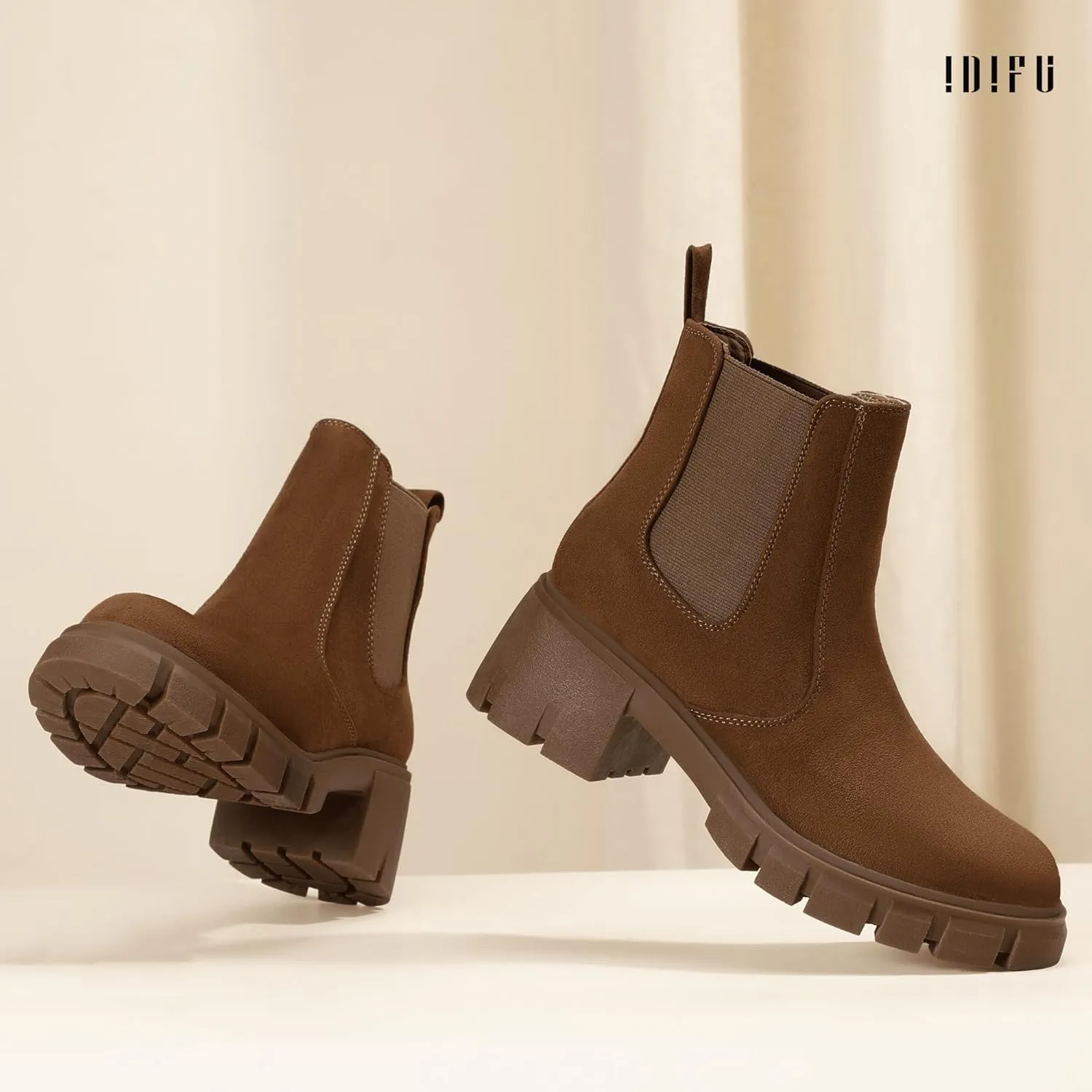 IDIFU IN2 Chelsea Boots Women Platform Lug Sole Ankle Boots Low Chunky Block Heel Dress Boots for Women Dressy Fashion Casual Elastic Short Booties Comfortable Cute Slip on Fall Boots