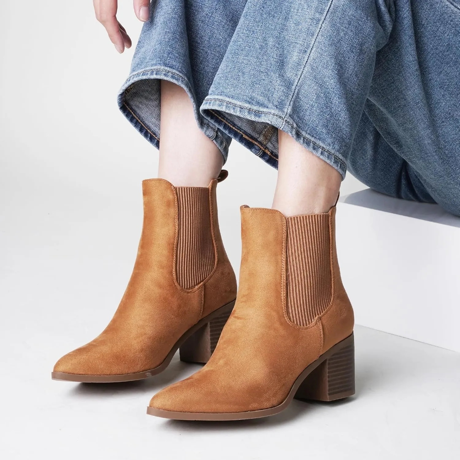 J. Adams Andi Booties for Women - Pointed Toe Mid Heel Slip on Chelsea Boots - Vegan Leather Ankle Boots - Comfortable Fall Boots for Women
