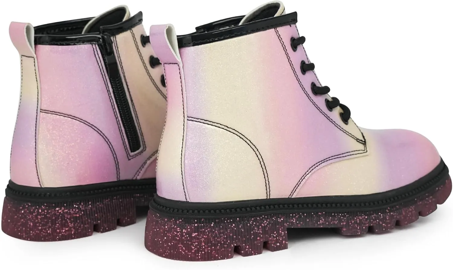 JABASIC Girls Ankle Boots Kids Lace-up Glittery Combat Work Boot