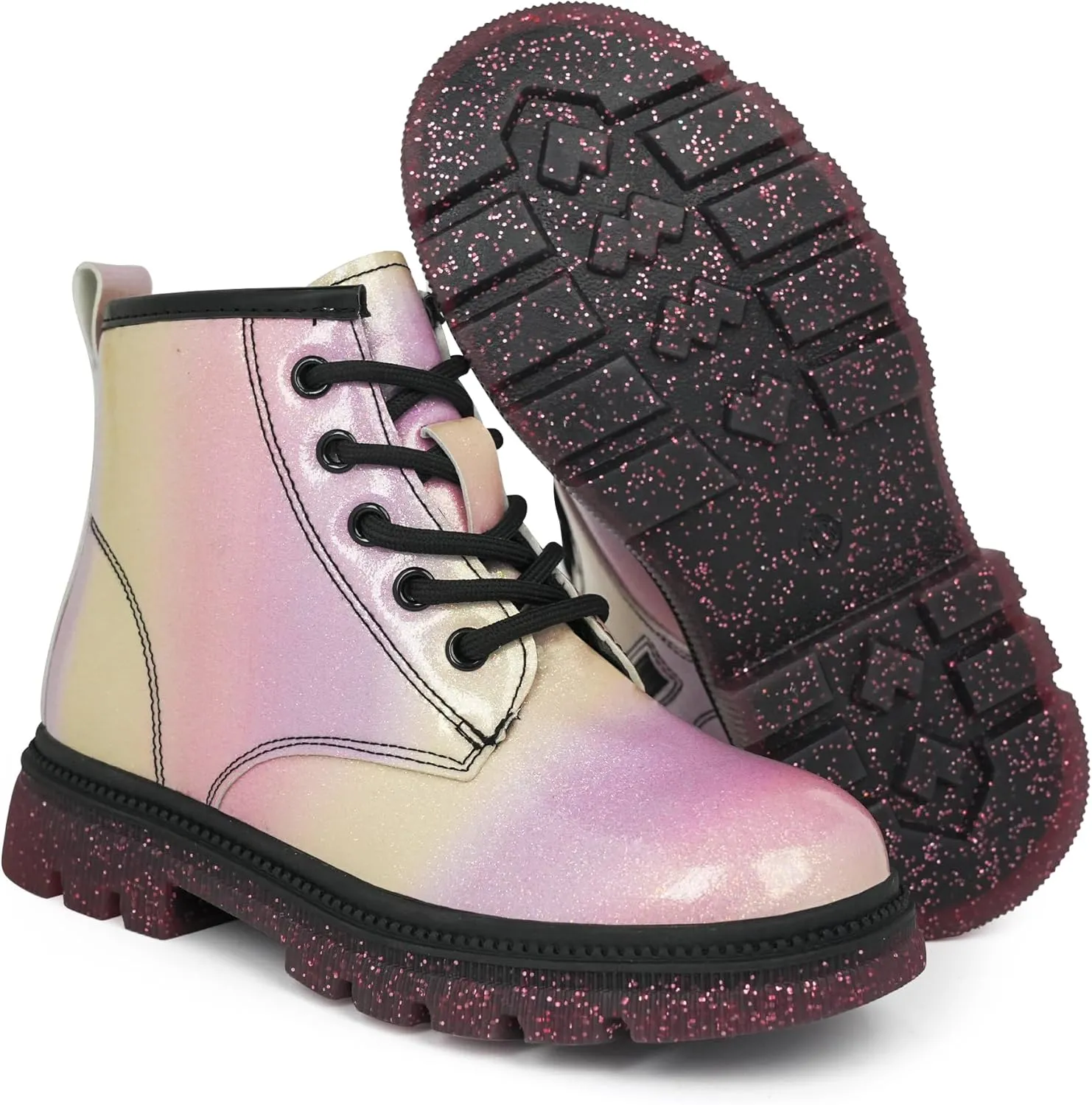 JABASIC Girls Ankle Boots Kids Lace-up Glittery Combat Work Boot
