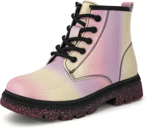 JABASIC Girls Ankle Boots Kids Lace-up Glittery Combat Work Boot