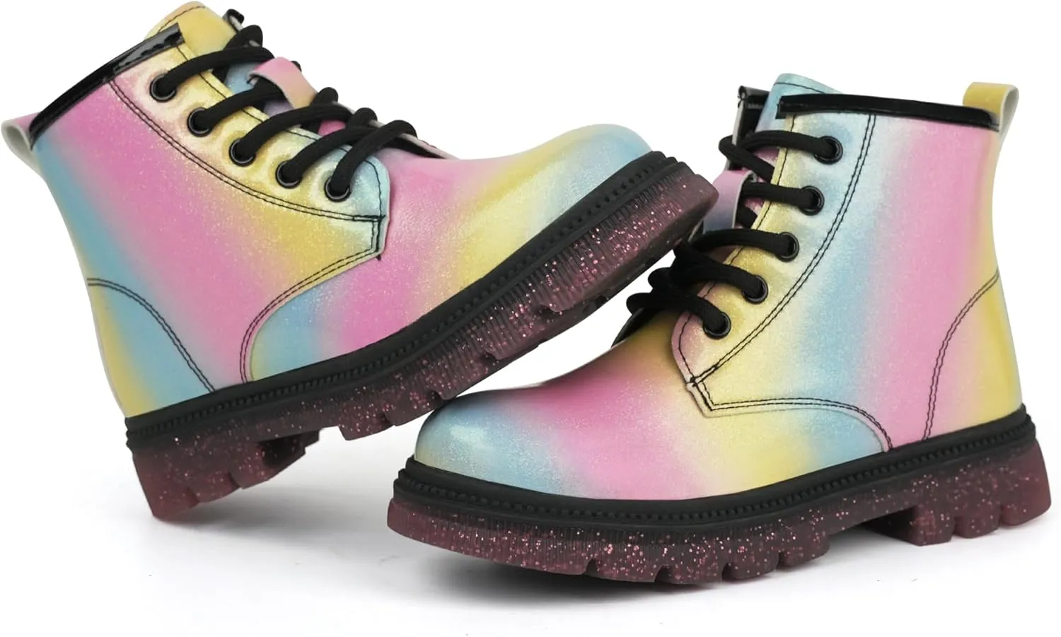 JABASIC Girls Ankle Boots Kids Lace-up Glittery Combat Work Boot
