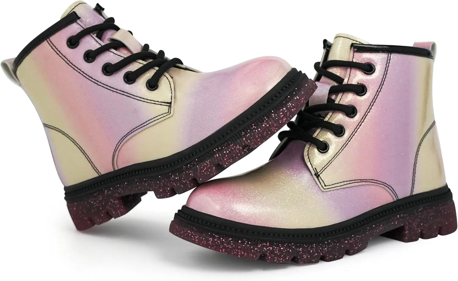 JABASIC Girls Ankle Boots Kids Lace-up Glittery Combat Work Boot