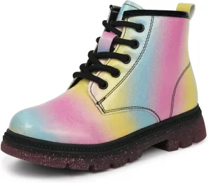 JABASIC Girls Ankle Boots Kids Lace-up Glittery Combat Work Boot