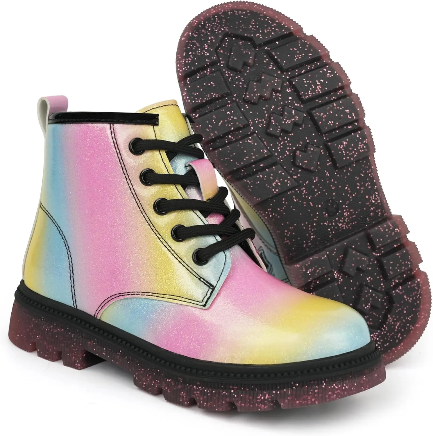 JABASIC Girls Ankle Boots Kids Lace-up Glittery Combat Work Boot