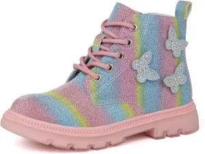 JABASIC Girls Glittery Ankle Boots Kids Lace Up Combat Boots with Side Zipper