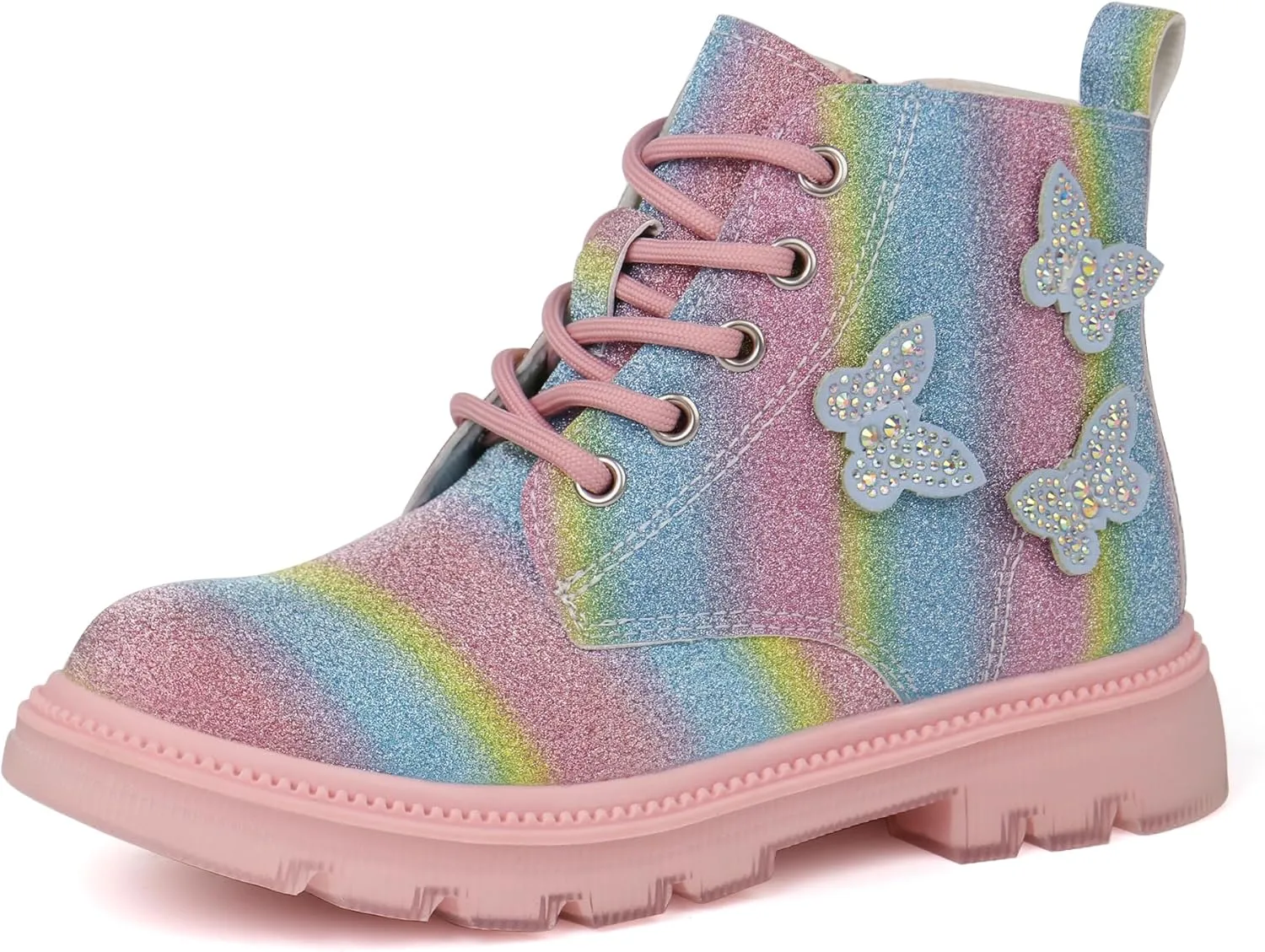JABASIC Girls Glittery Ankle Boots Kids Lace Up Combat Boots with Side Zipper