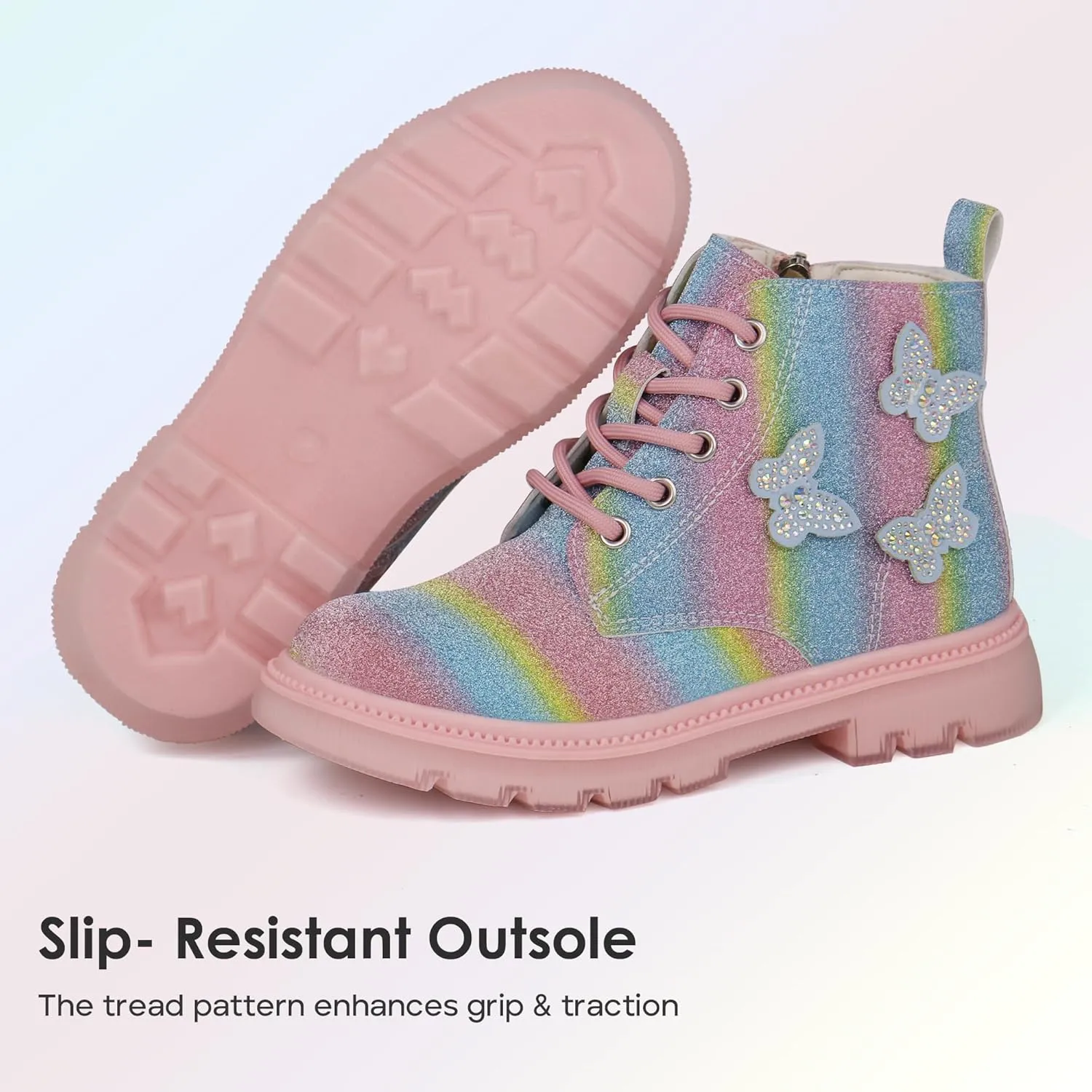 JABASIC Girls Glittery Ankle Boots Kids Lace Up Combat Boots with Side Zipper