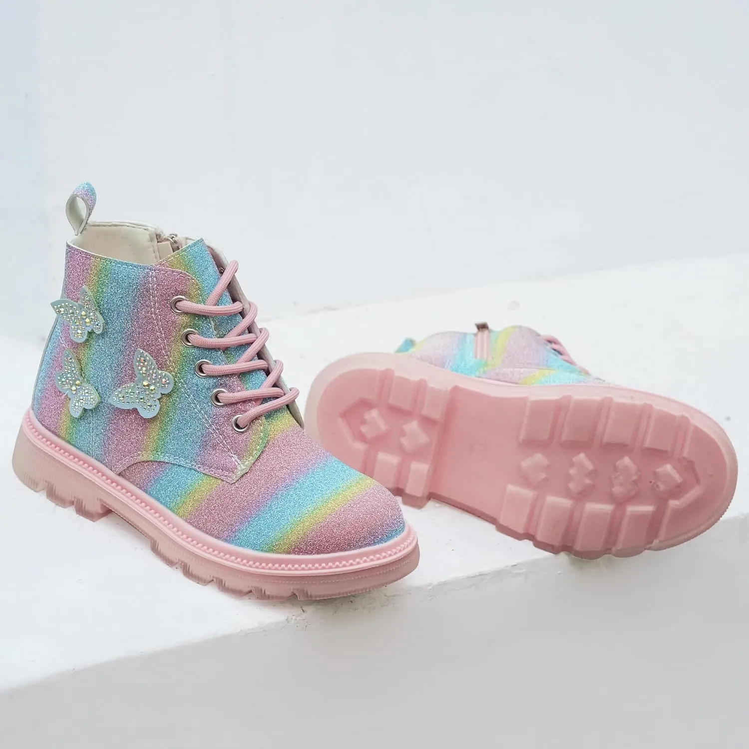 JABASIC Girls Glittery Ankle Boots Kids Lace Up Combat Boots with Side Zipper