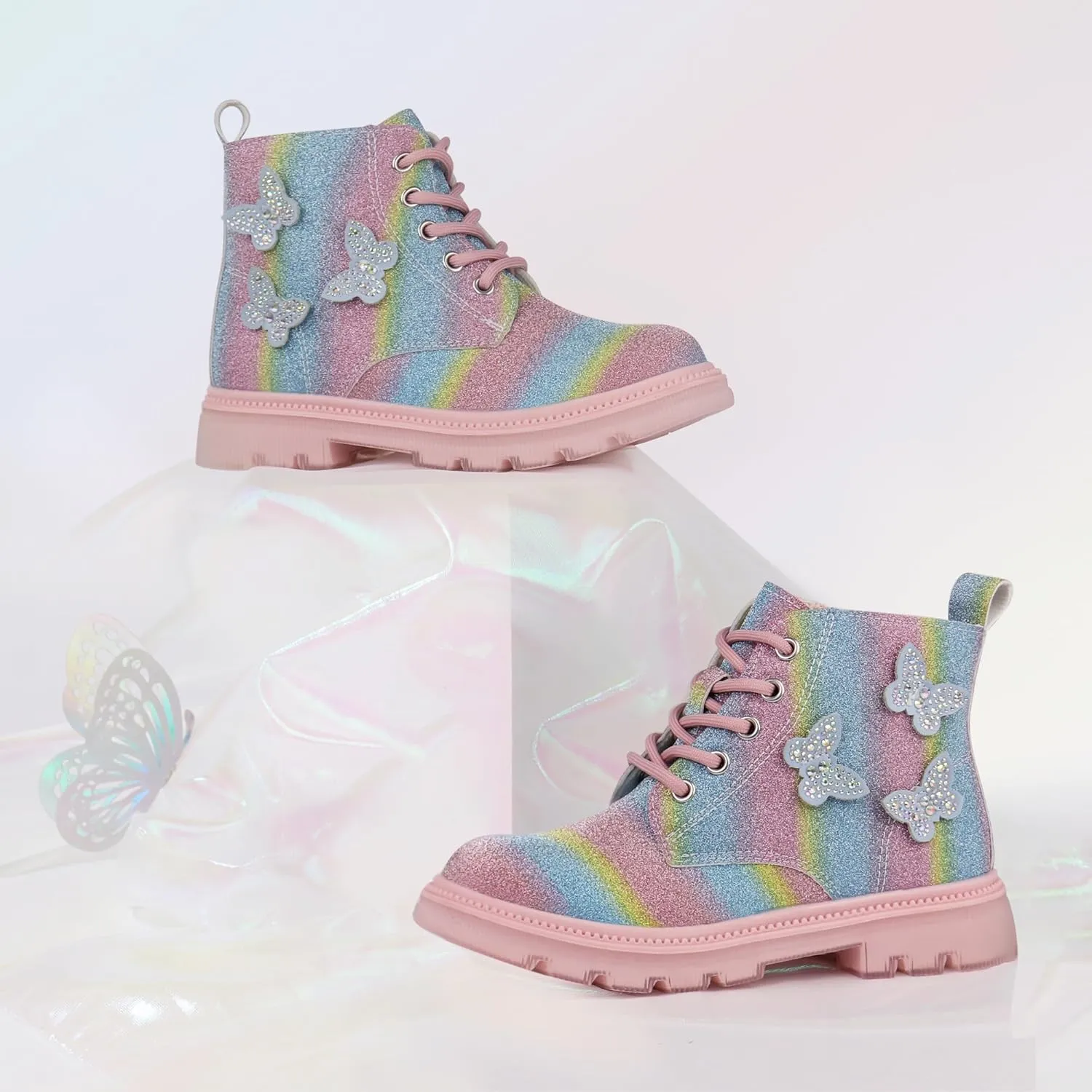 JABASIC Girls Glittery Ankle Boots Kids Lace Up Combat Boots with Side Zipper