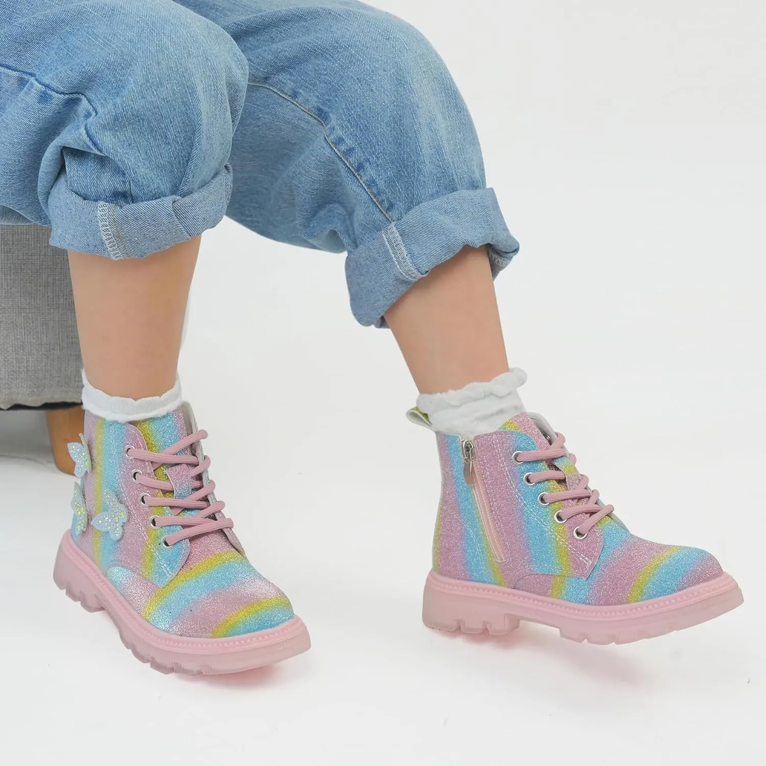 JABASIC Girls Glittery Ankle Boots Kids Lace Up Combat Boots with Side Zipper