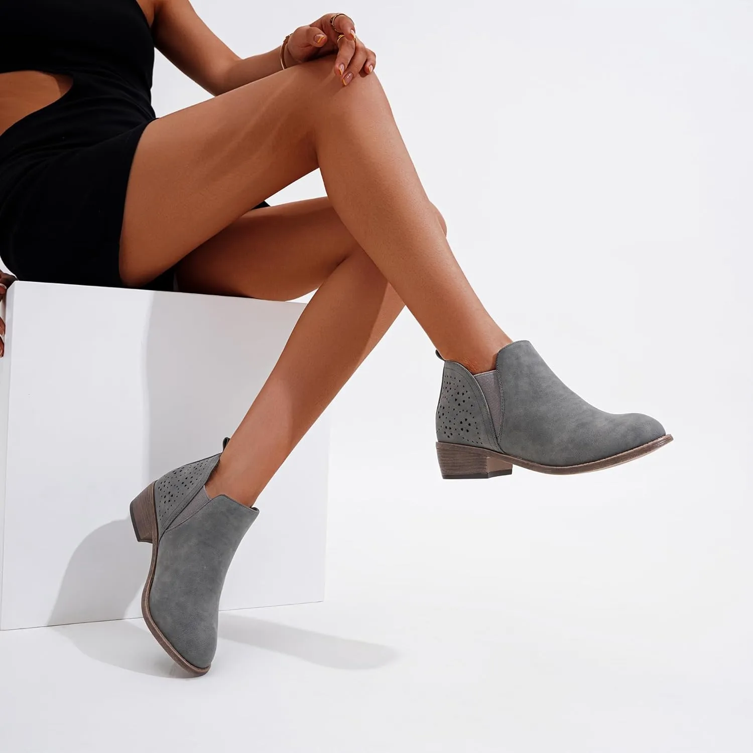 Jeossy Women's 9615 Chelsea Ankle Boots Cutout Perforated Short Booties Slip on
