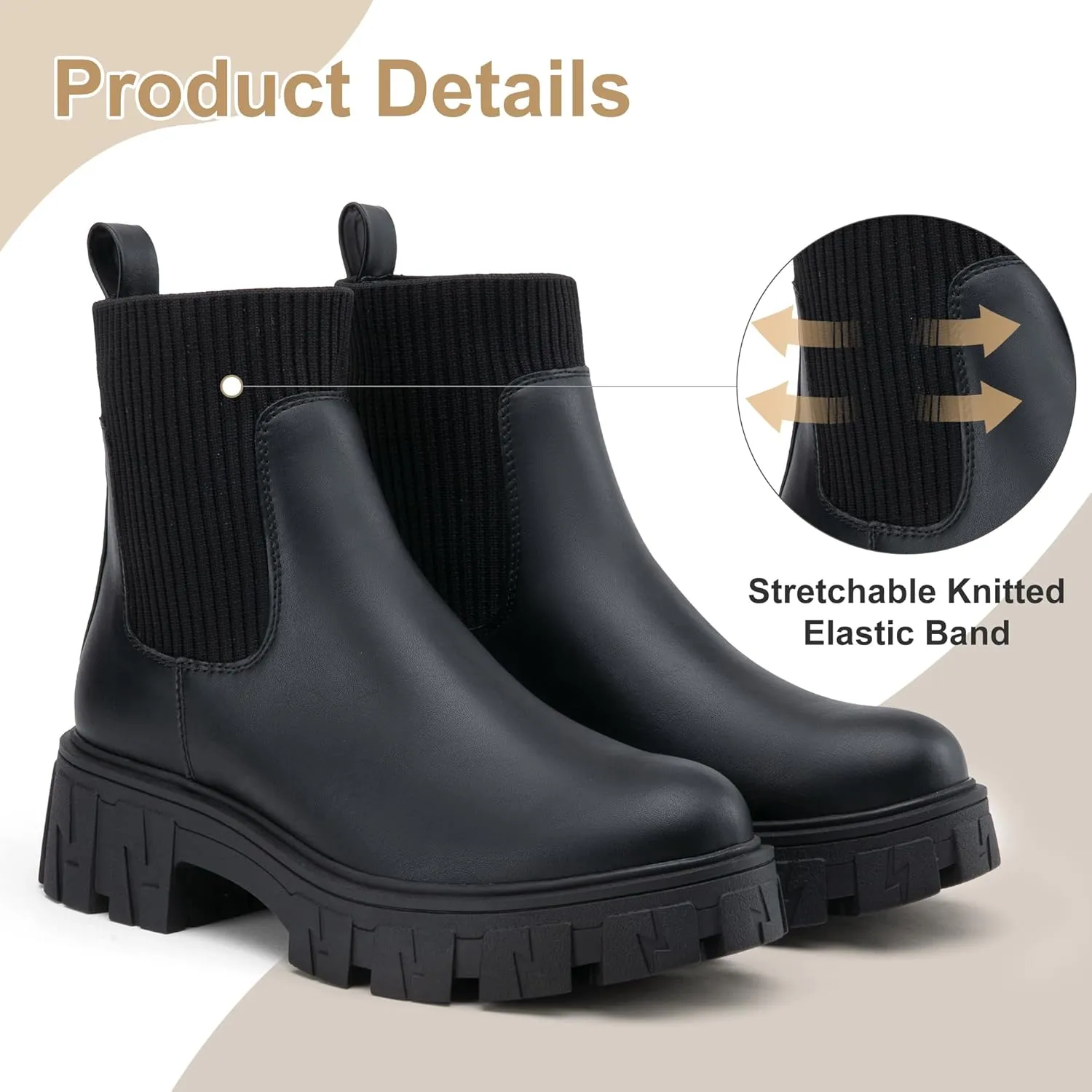 Jeossy Women’s Chelsea Chunky Ankle Boots Elastic Platform Lug Sole Short Pull on Low Heel 9610 Booties