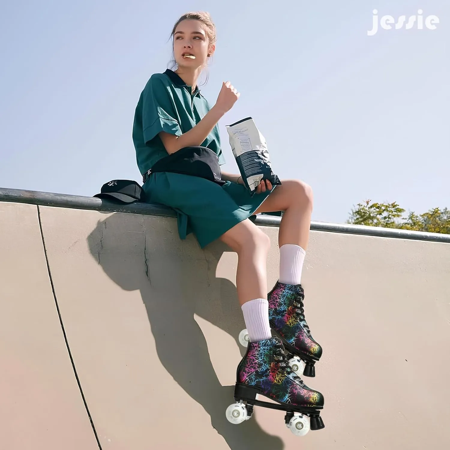 Jessie Women's & Men's Zebra Printed High-Top Roller-Skates, Four-Wheel Shiny Roller-Skates for Adult Youth Outdoor, with Shoes Bag
