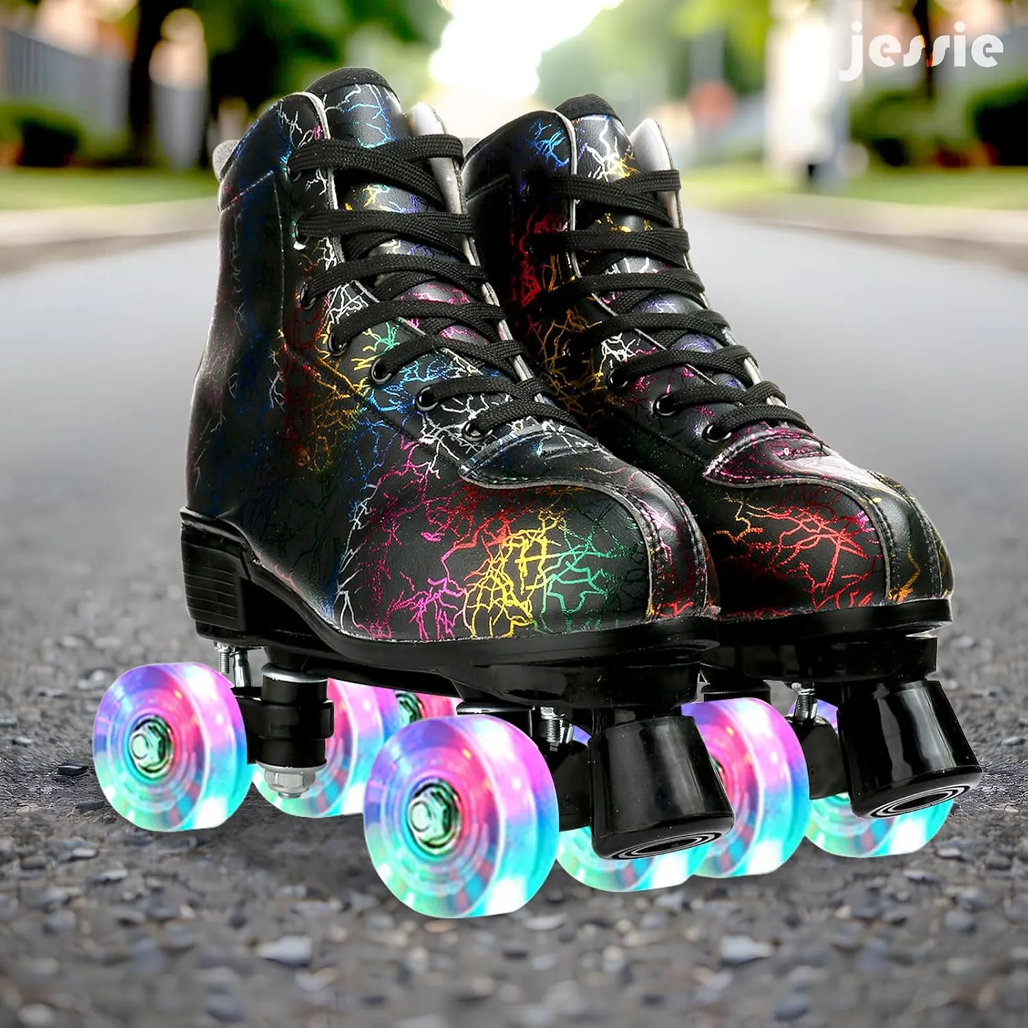 Jessie Women's & Men's Zebra Printed High-Top Roller-Skates, Four-Wheel Shiny Roller-Skates for Adult Youth Outdoor, with Shoes Bag