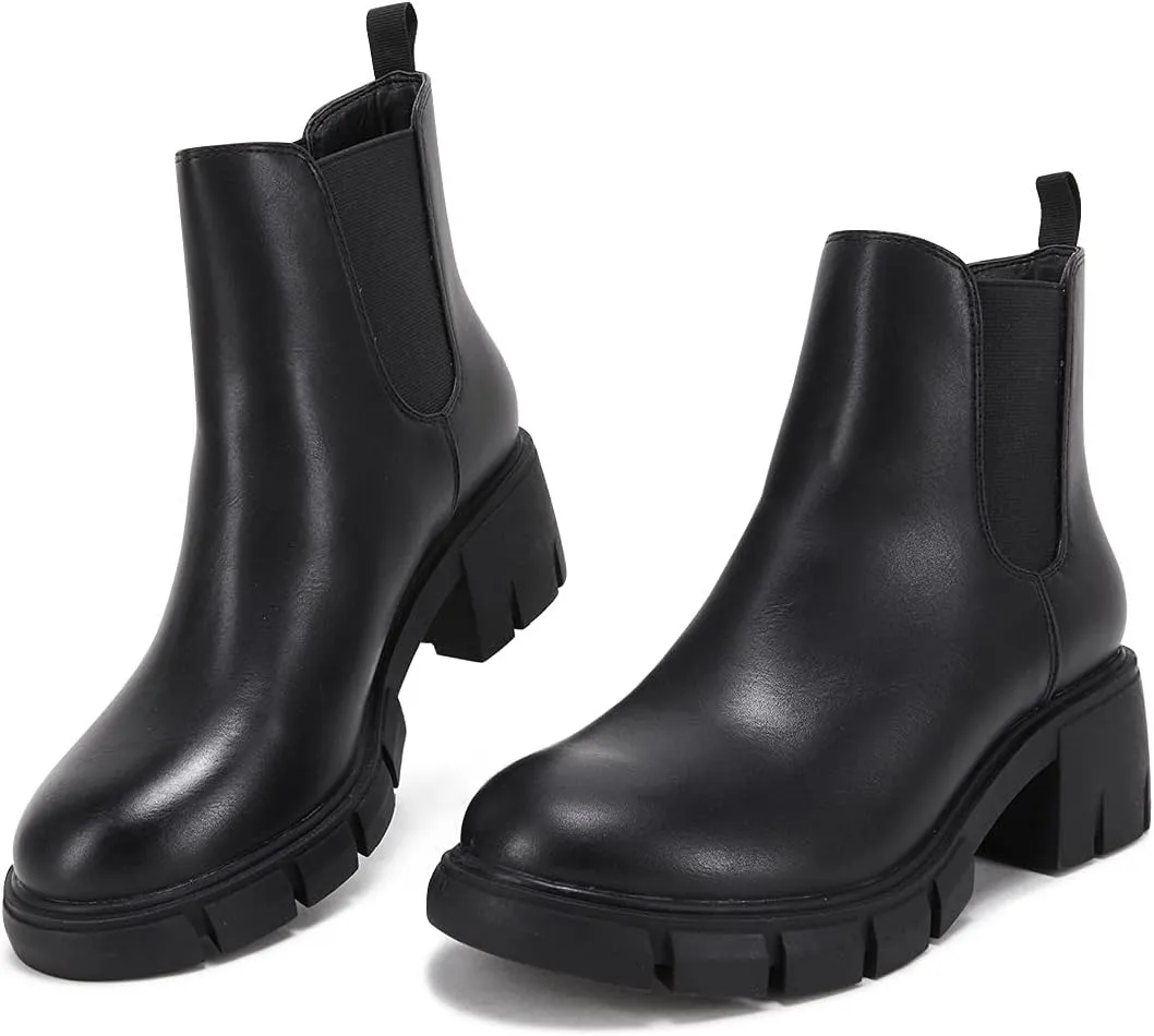 Juliet Holy Womens Lug Sole Platform Ankle Booties Chelsea Slip on Chunky Block Heel Leather Combat Boots