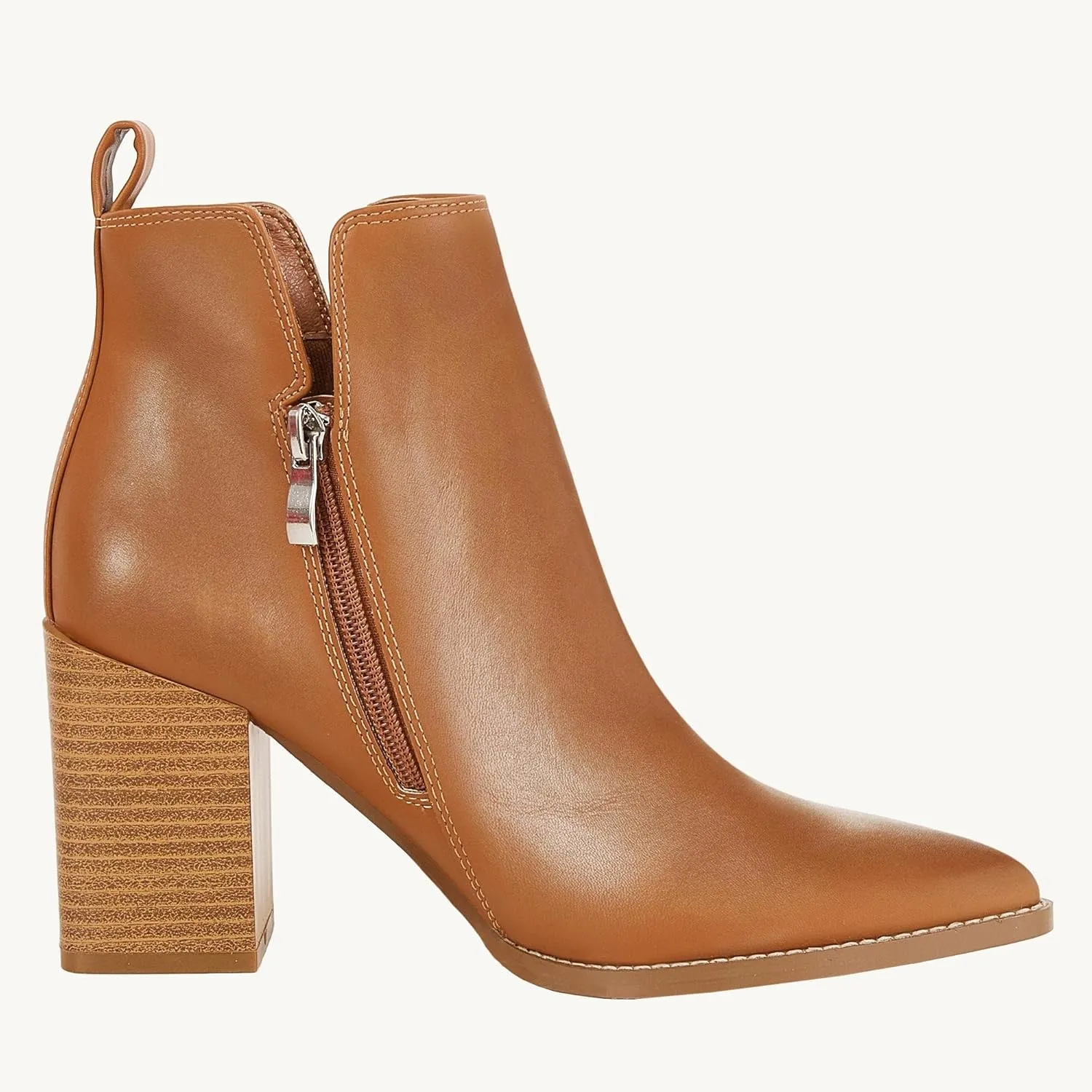 Juliet Holy Women's V Cut Ankle Boots Pointed Toe Stacked Chunky Heel Side Zipper Leather Cutout Western Booties