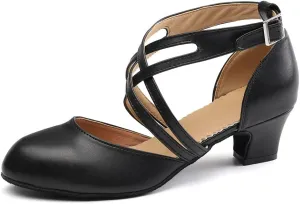 JUODVMP Women's Ballroom Dance Shoes Leather Pumps for Women Cross Strap Character Dance Shoes,Suede Sole