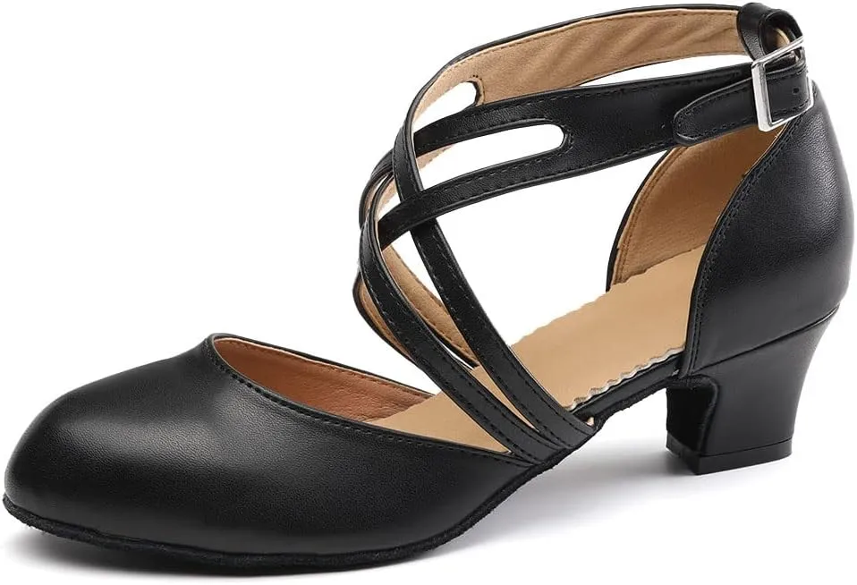JUODVMP Women's Ballroom Dance Shoes Leather Pumps for Women Cross Strap Character Dance Shoes,Suede Sole