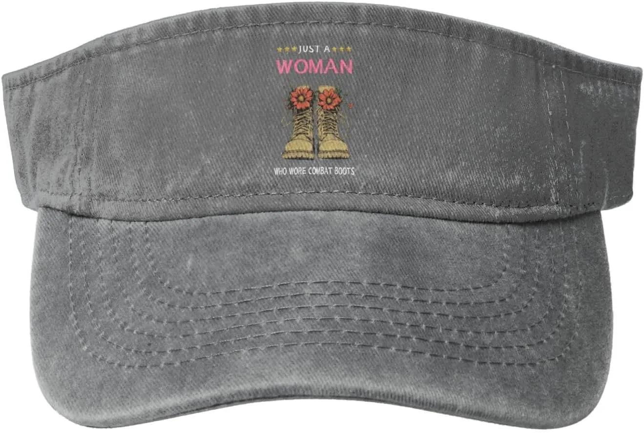 Just a Woman Who Wore Combat Boots Washed Denim Visor Hat for Men & Women, Adjustable Sun Cap with UV Protection Gray