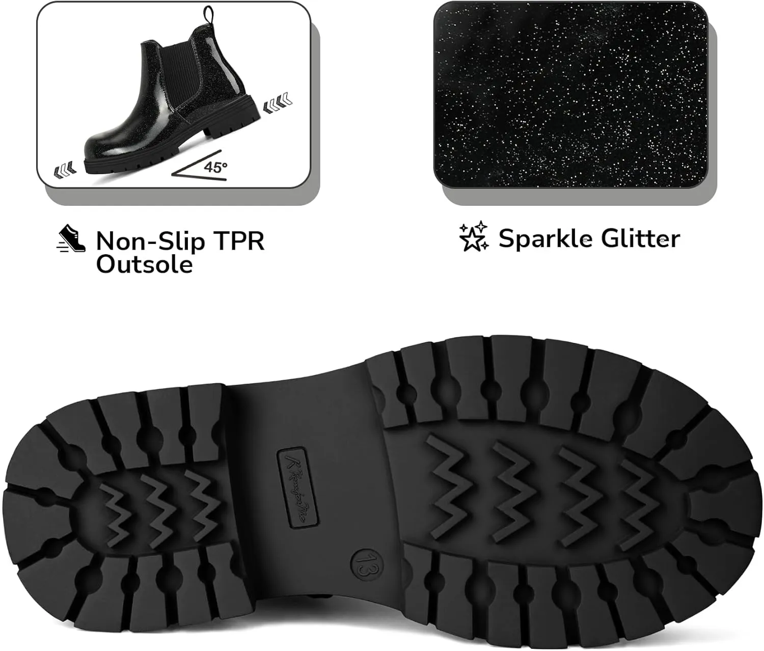 K KomForme Girls Glitter Ankle Boots Side Zipper Chelsea Booties Lug Sole (Toddler/Little Kids/Big Kids)