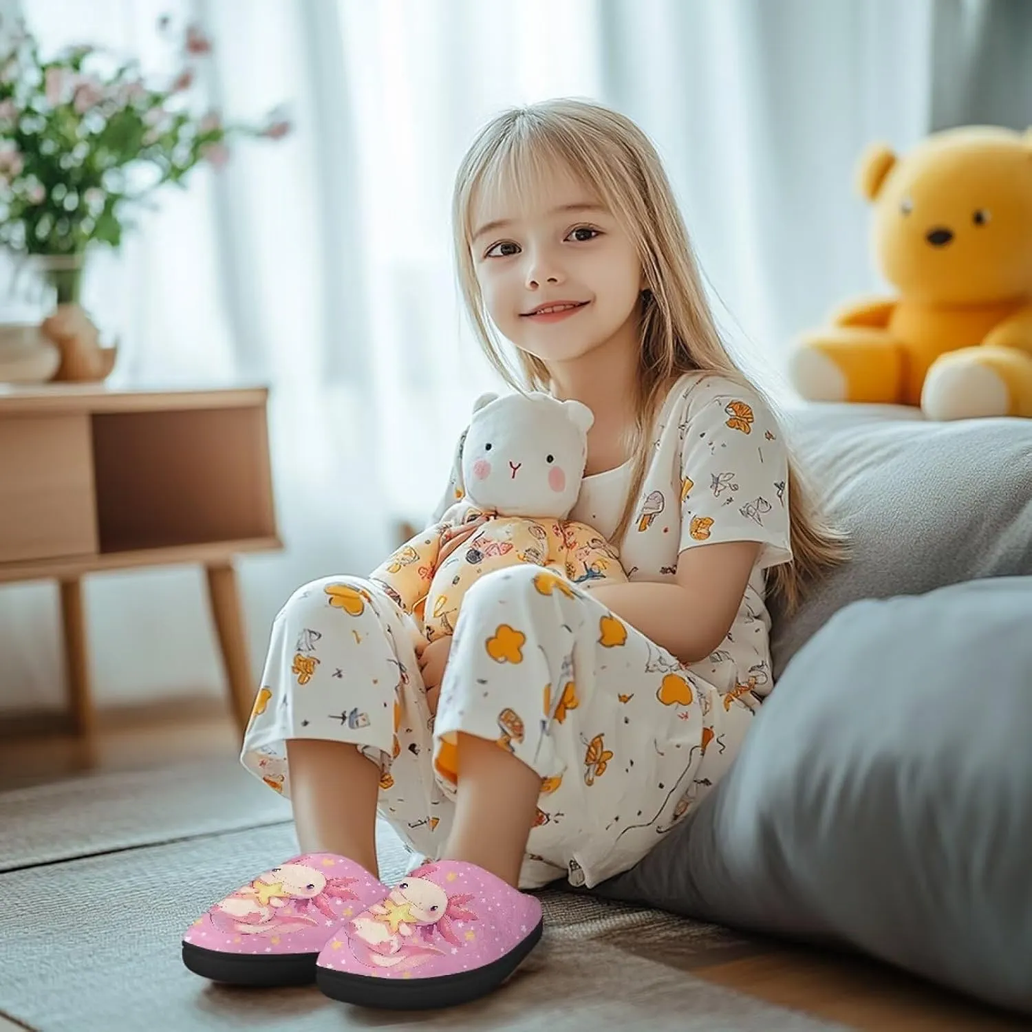 Kids Fuzzy Warm House Slippers for Girls Non Slip Rubber Sole Home Slippers for Toddlers Size 9-15