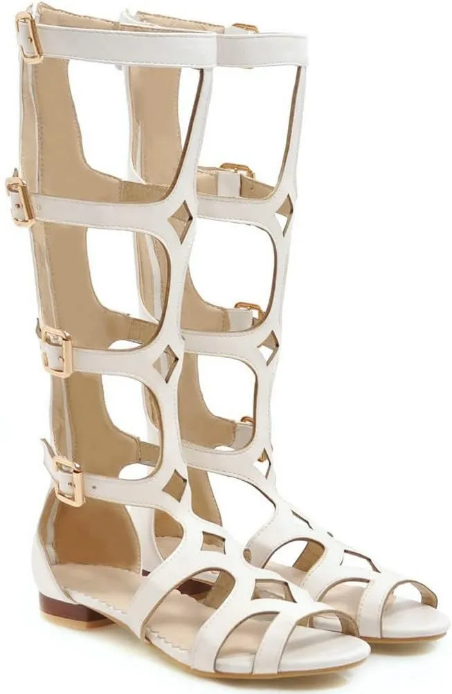 KISSASA Womens Flat Knee High Gladiator Caged Sandals Buckle Strappy Zip Up Sandals For Women