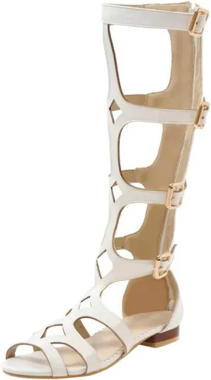 KISSASA Womens Flat Knee High Gladiator Caged Sandals Buckle Strappy Zip Up Sandals For Women