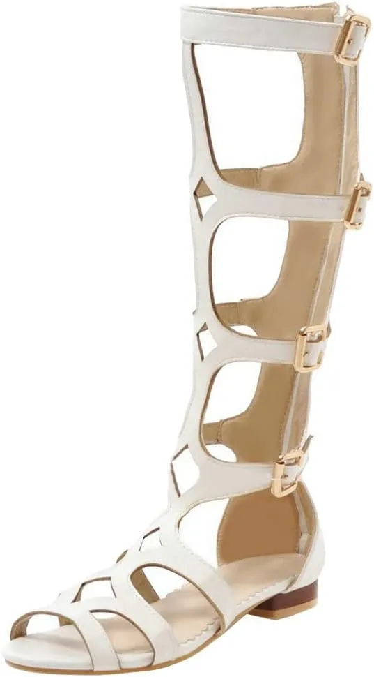 KISSASA Womens Flat Knee High Gladiator Caged Sandals Buckle Strappy Zip Up Sandals For Women