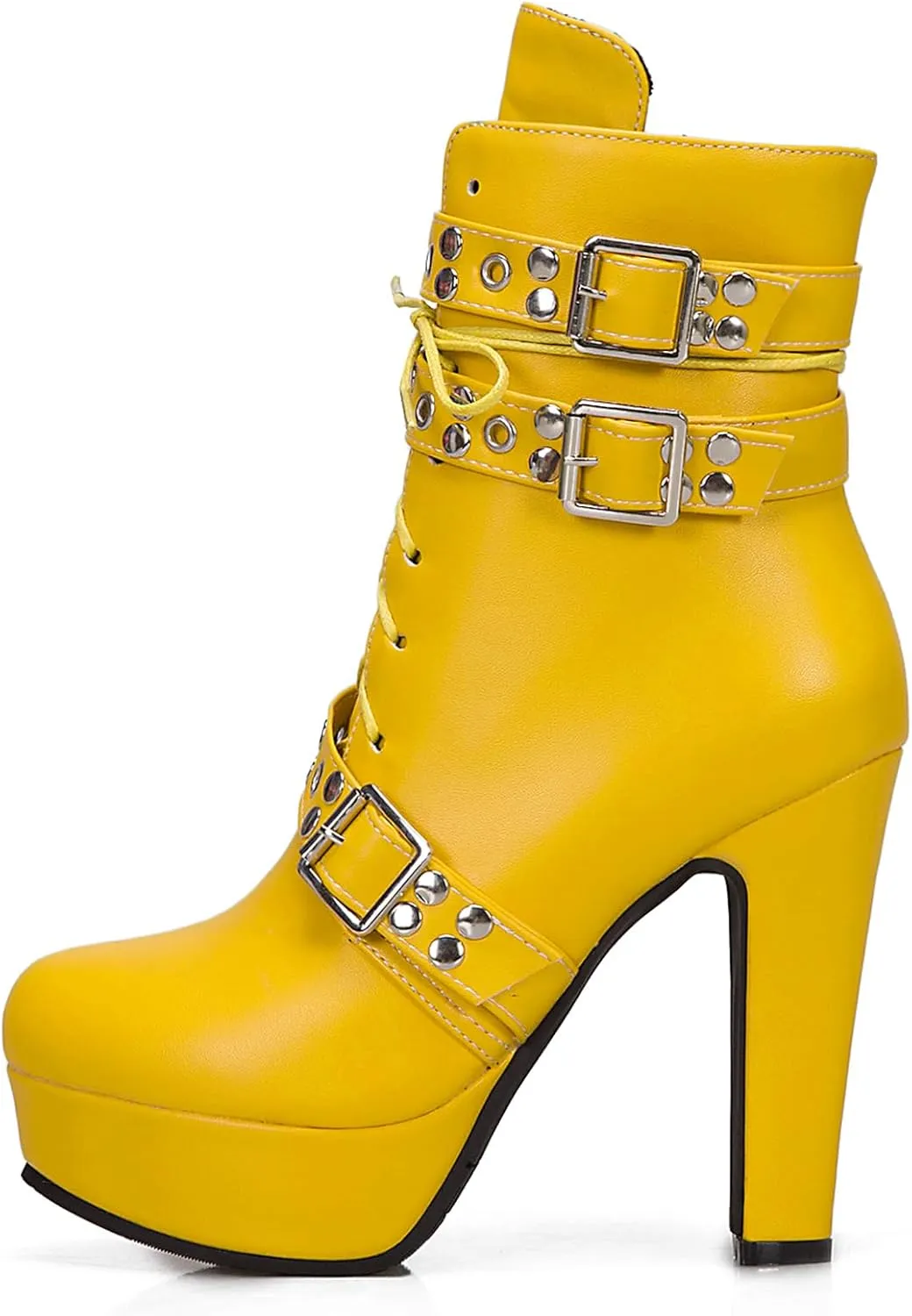 KiutSymo Gothic Ankle Boots For Women Studded Buckle Straps Chunky High Heels Platform Boots Lace Up Punk Combat Boots