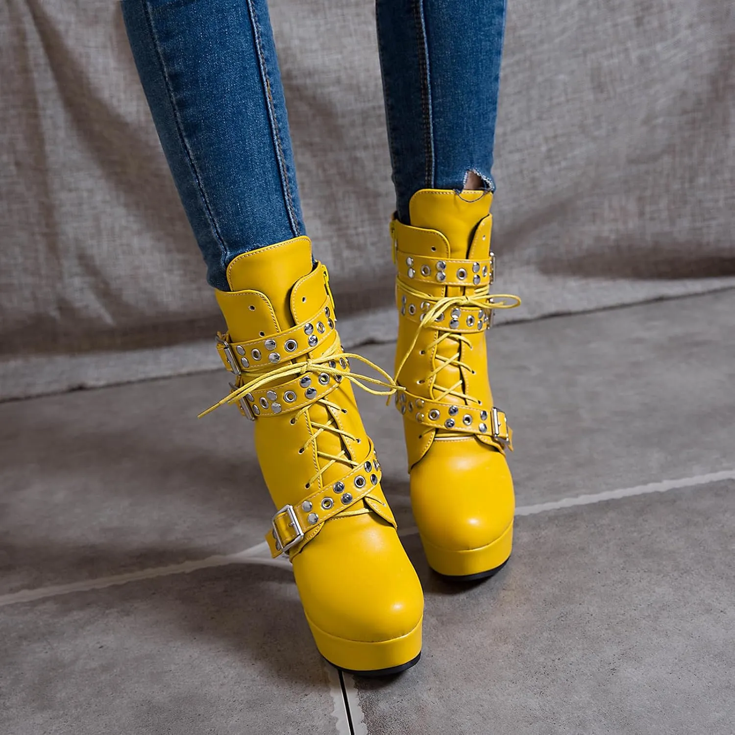 KiutSymo Gothic Ankle Boots For Women Studded Buckle Straps Chunky High Heels Platform Boots Lace Up Punk Combat Boots