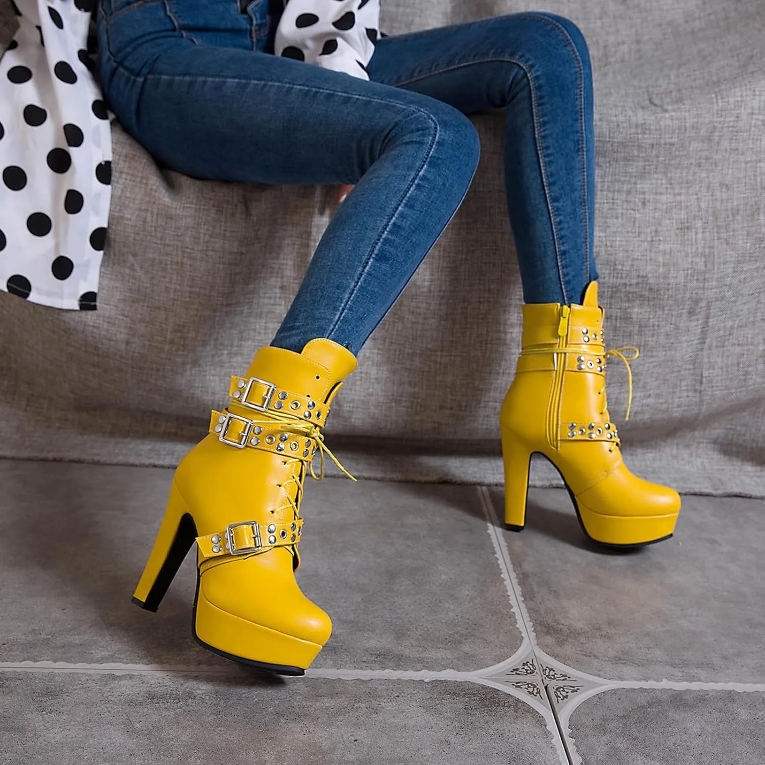 KiutSymo Gothic Ankle Boots For Women Studded Buckle Straps Chunky High Heels Platform Boots Lace Up Punk Combat Boots