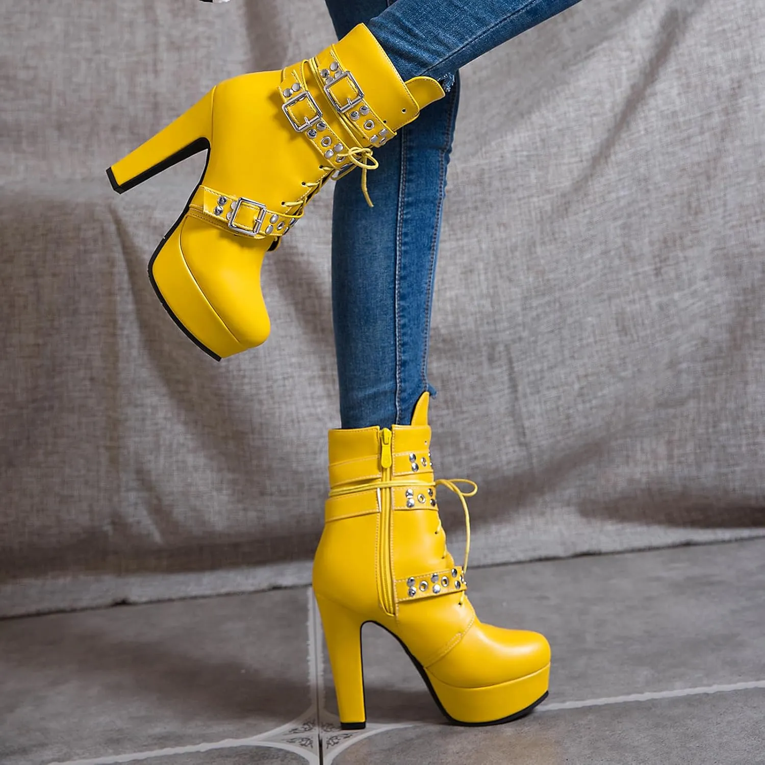 KiutSymo Gothic Ankle Boots For Women Studded Buckle Straps Chunky High Heels Platform Boots Lace Up Punk Combat Boots