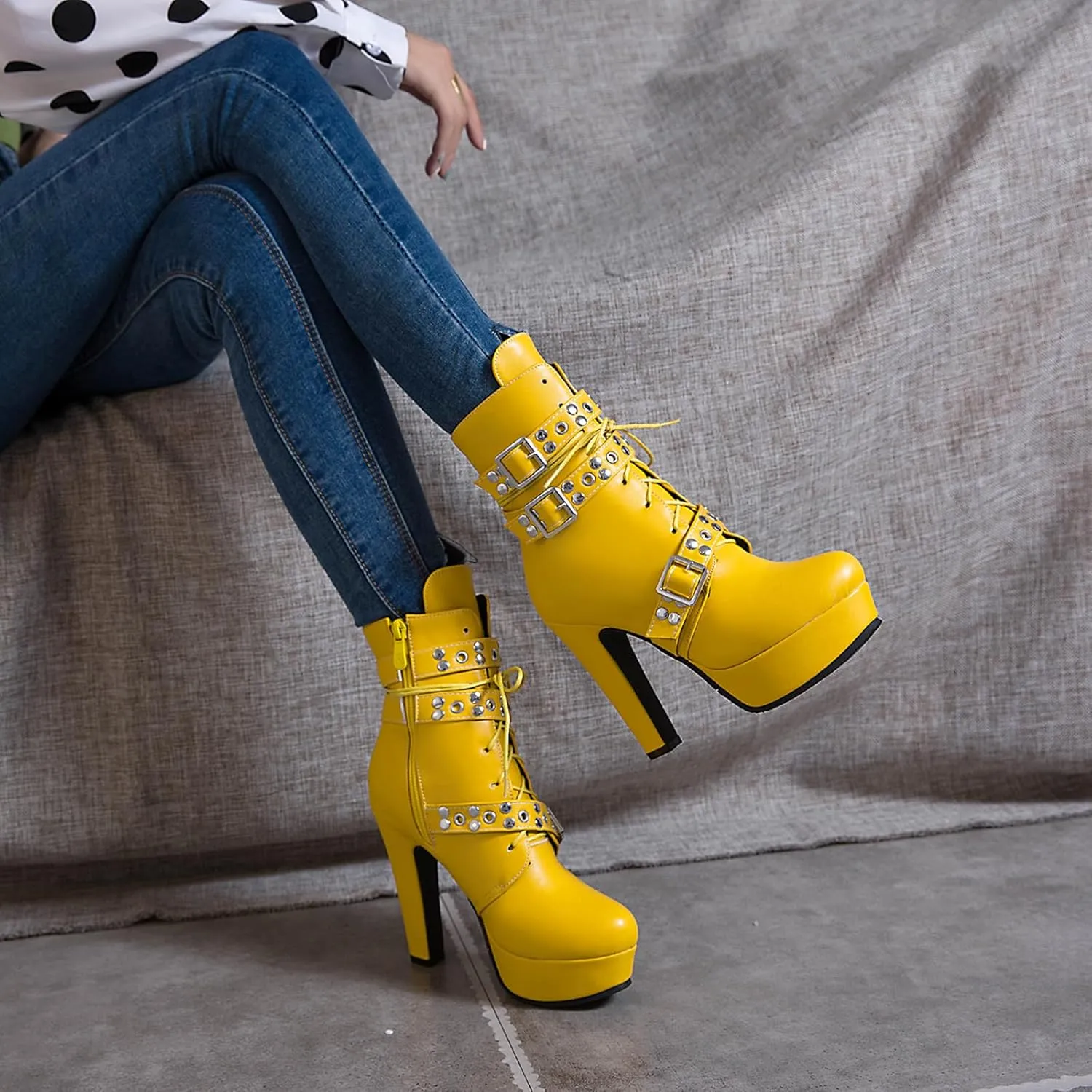 KiutSymo Gothic Ankle Boots For Women Studded Buckle Straps Chunky High Heels Platform Boots Lace Up Punk Combat Boots