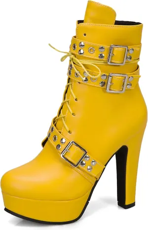 KiutSymo Gothic Ankle Boots For Women Studded Buckle Straps Chunky High Heels Platform Boots Lace Up Punk Combat Boots