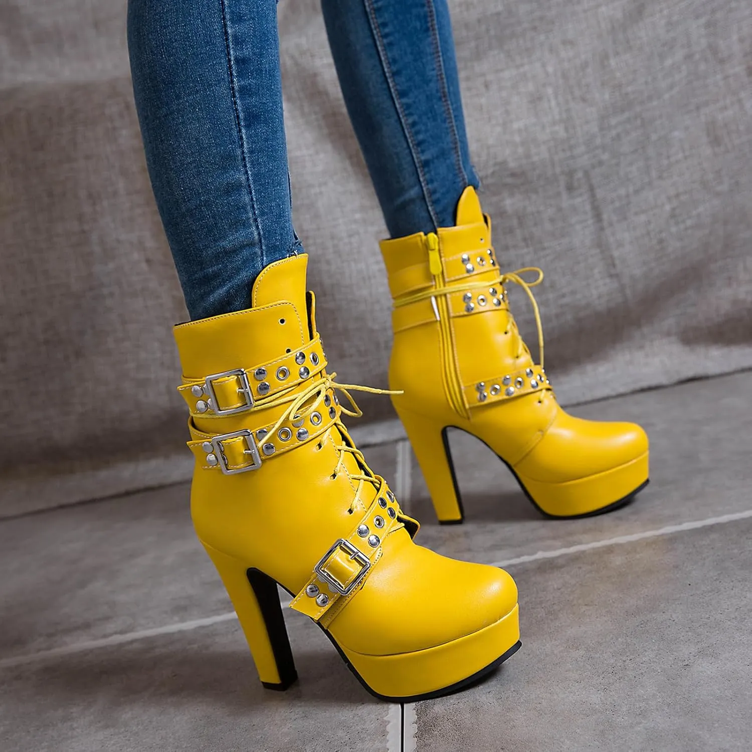 KiutSymo Gothic Ankle Boots For Women Studded Buckle Straps Chunky High Heels Platform Boots Lace Up Punk Combat Boots