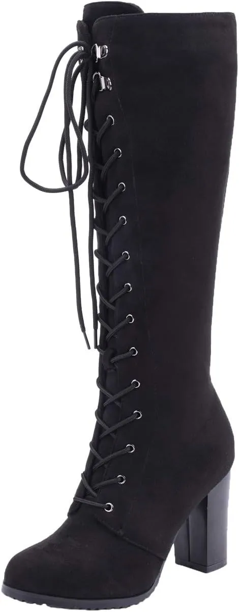 KOKOMOMO Womens Chunky Knee High Heel Lace Up Combat Boots