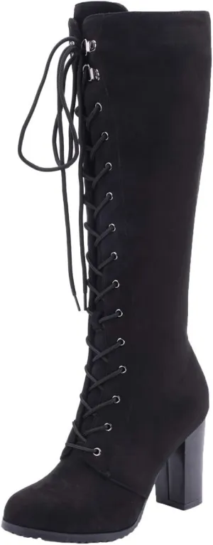KOKOMOMO Womens Chunky Knee High Heel Lace Up Combat Boots