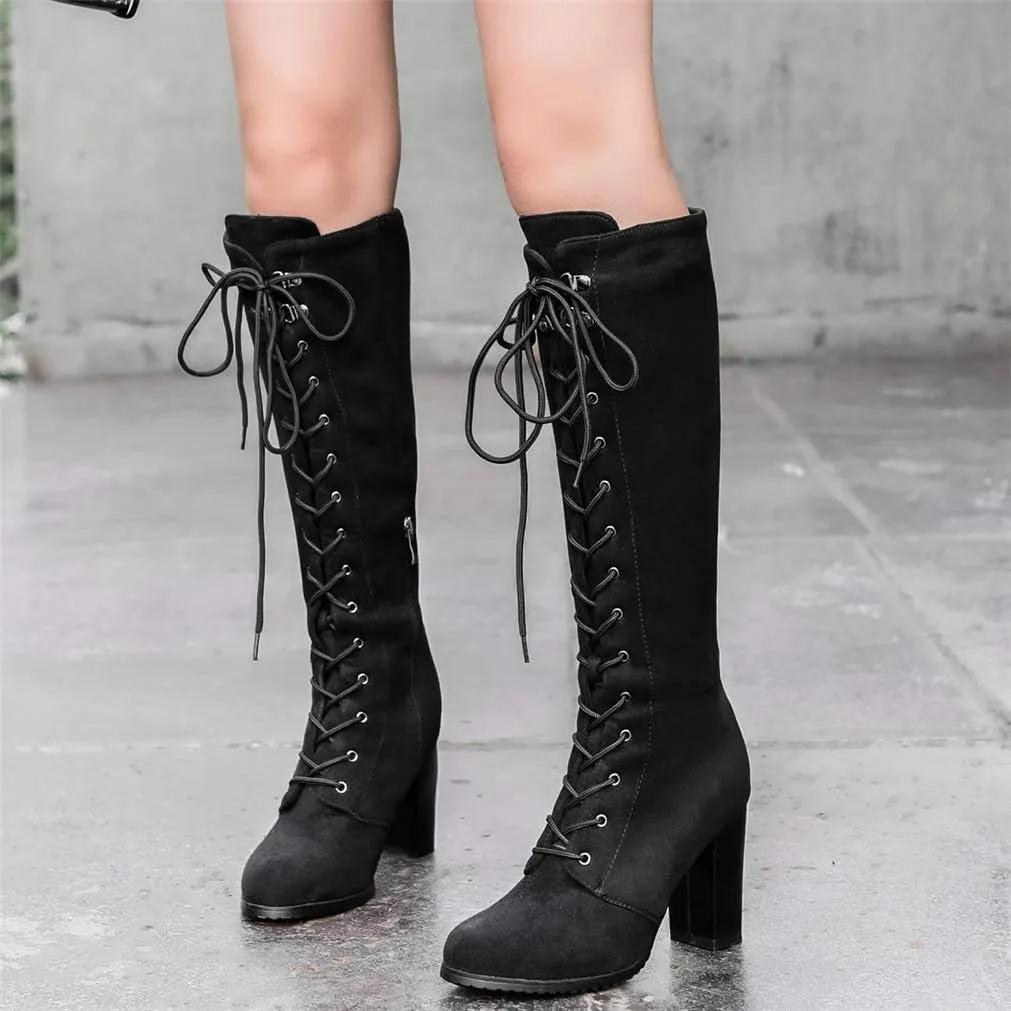 KOKOMOMO Womens Chunky Knee High Heel Lace Up Combat Boots