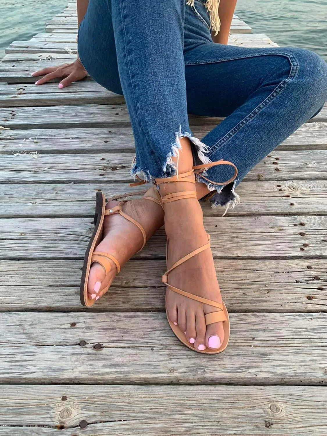 Lace Up Sandals, Beach Shoes, Toe Ring Sandals, Women Tie up flip Flops, Leather sliders, Black Greek Leather Sandals, Tie Up Leather Sandals, Lace up Sandals Gladiator sandals, ring toe sandals, Summer Leather Sandals,Women shoes (38, Beige)