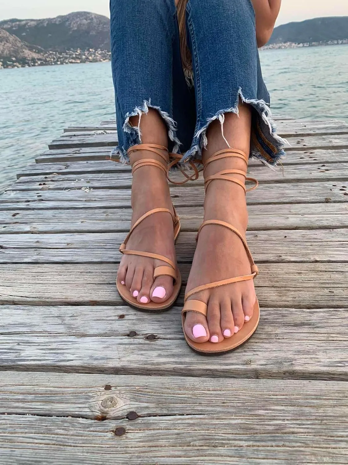 Lace Up Sandals, Beach Shoes, Toe Ring Sandals, Women Tie up flip Flops, Leather sliders, Black Greek Leather Sandals, Tie Up Leather Sandals, Lace up Sandals Gladiator sandals, ring toe sandals, Summer Leather Sandals,Women shoes (38, Beige)
