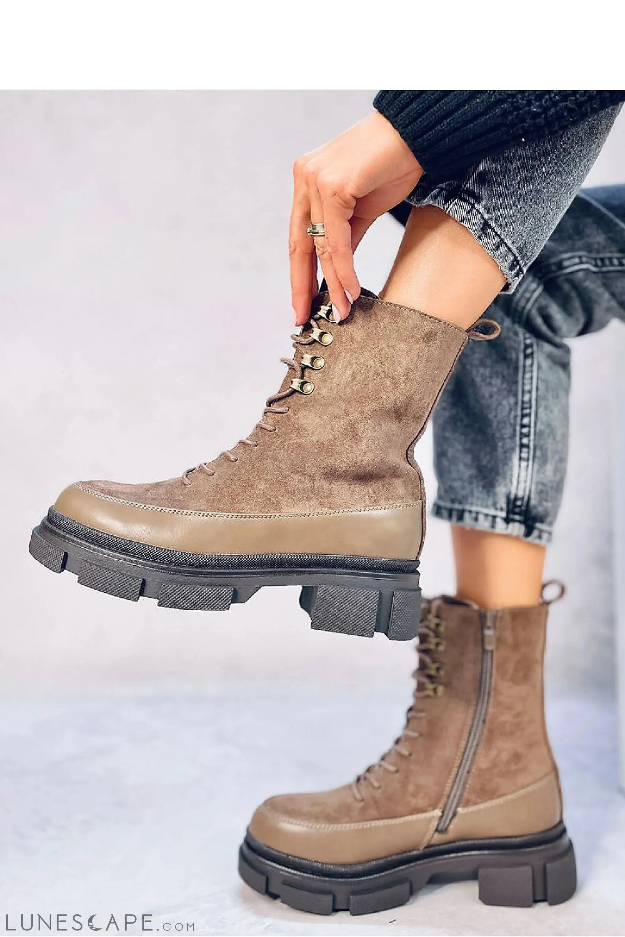 Lace Up Taupe Suede Combat Boot with Chunky Platform Heel