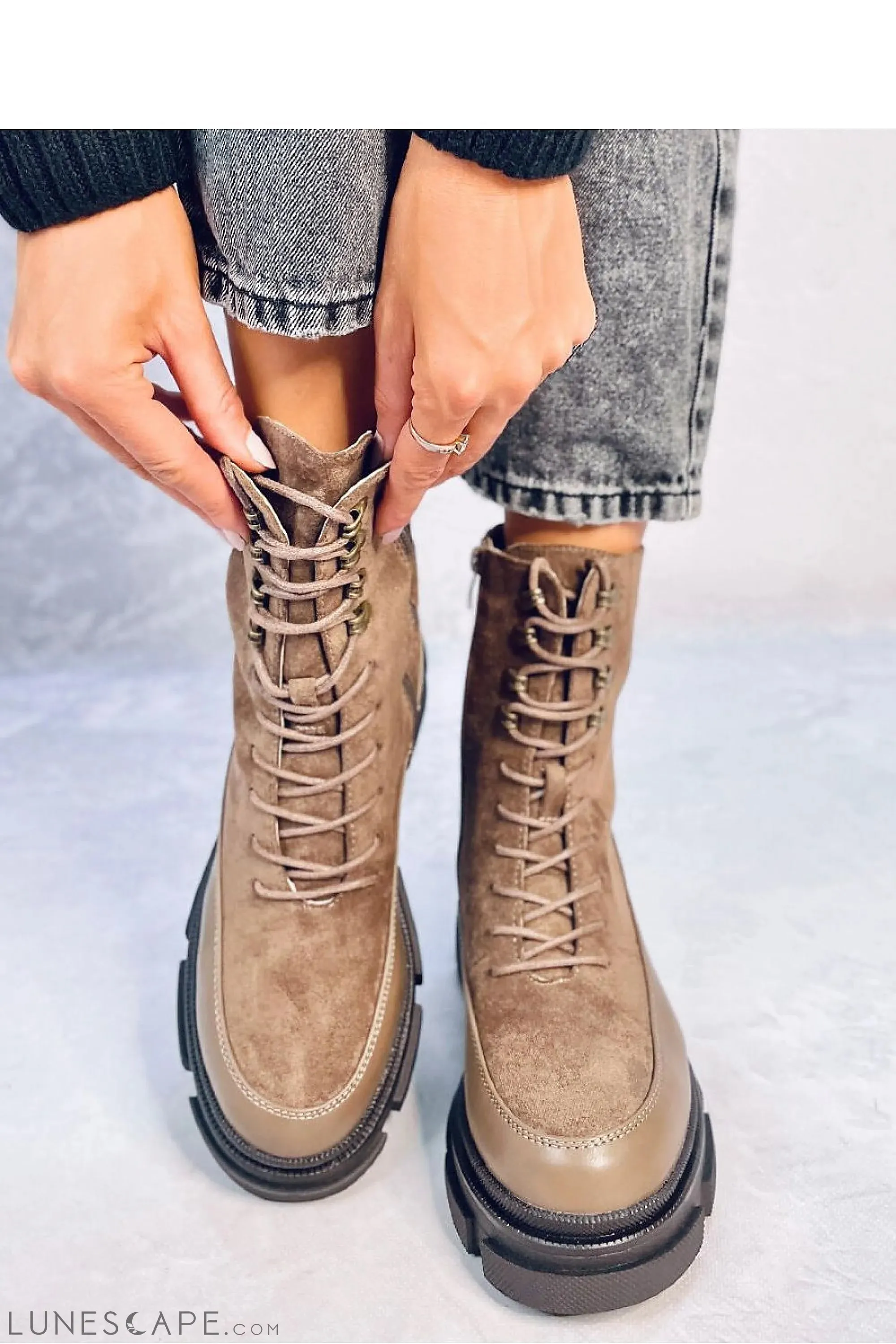 Lace Up Taupe Suede Combat Boot with Chunky Platform Heel