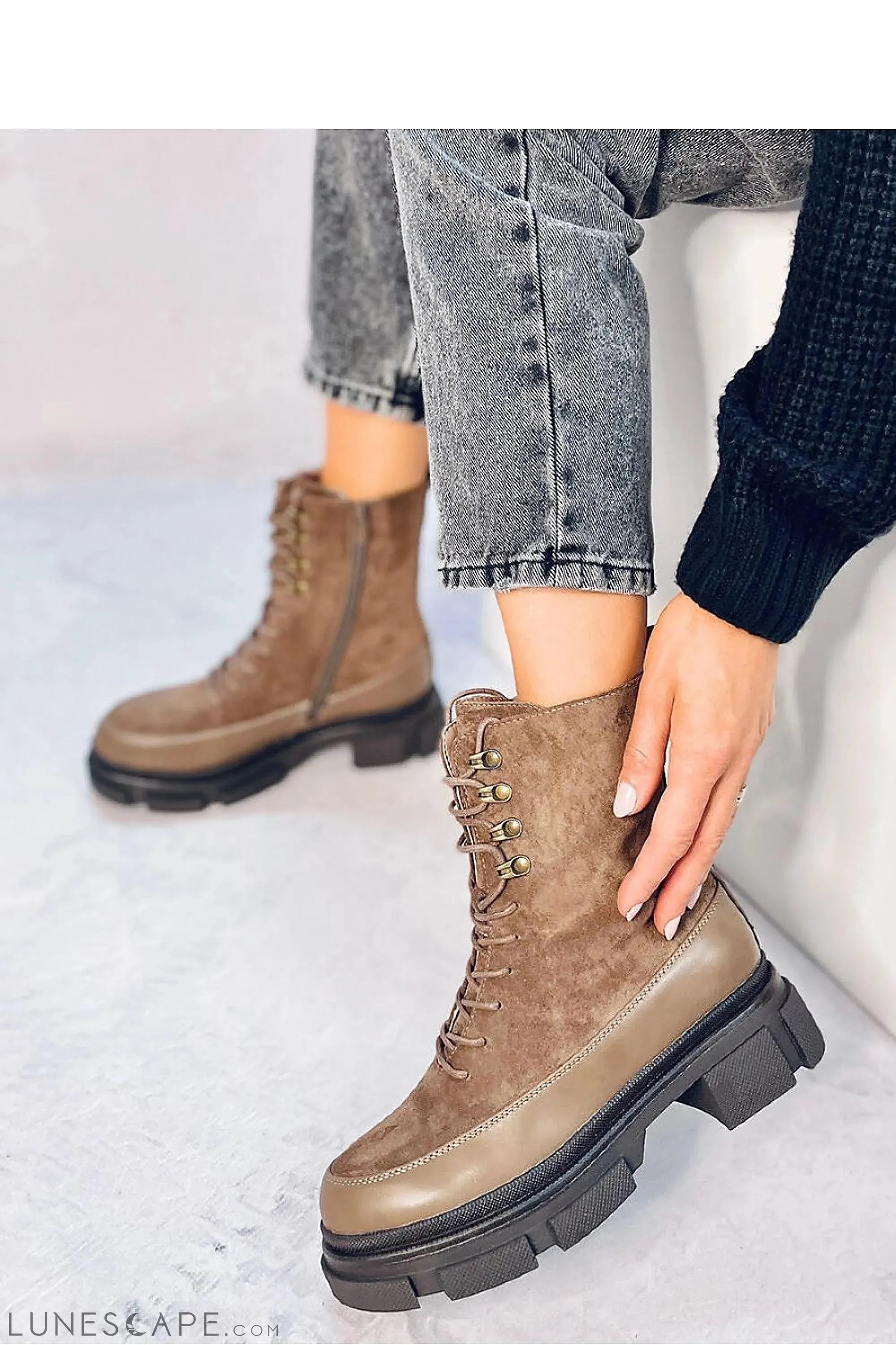 Lace Up Taupe Suede Combat Boot with Chunky Platform Heel